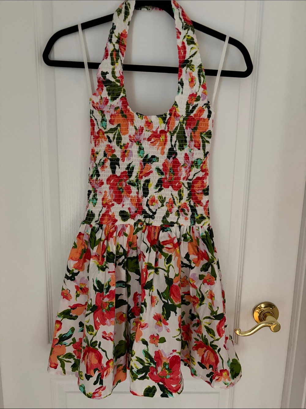 Band of the Free White Floral Halter Dress for Women with Pink & Green Prints